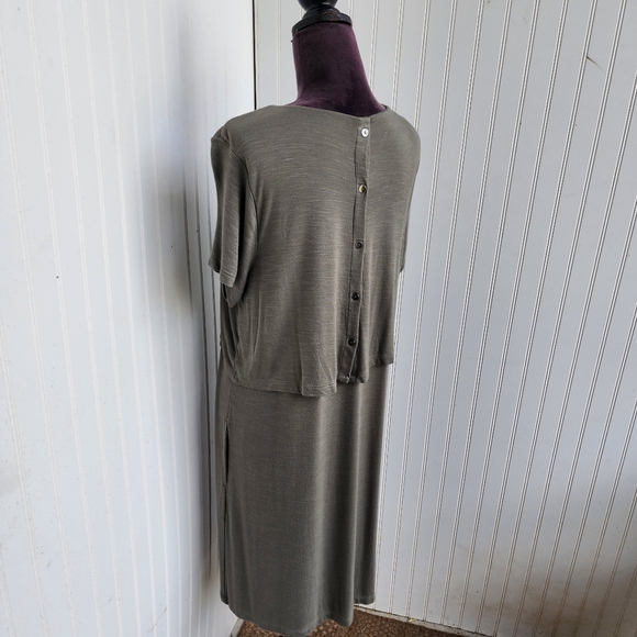 J. JILL Women Tiered Dress Back Buttons Side Pocketed Stretch Midi Olive Green L - Picture 8 of 12